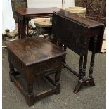 A nest of three tables, the largest 51cmW, small sutherland table, 50cmW; and an oak sewing box with