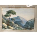 19th century watercolour, figures in a Scottish landscape, monogrammed NSA lower left, 26x37cm