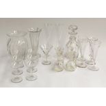 A mixed lot of glassware to include a set of six Greek key champagne cups, decanter, flutes etc