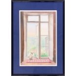 20th century watercolour of a Siamese cat in a doorway, signed 'Rdruck', 1990, 36x24cm