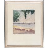 20th century watercolour of a lake scene, 28x25cm