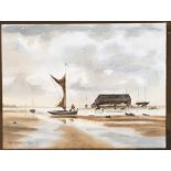 20th century watercolour, boats at low tide, signed TA Ronan Jones '90, 19x25cm