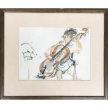 Judy Bermant (b.1939), watercolour on paper, study of a cellist, signed lower right and dedicated to