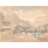 20th century, pastel and charcoal, figures on a shore with a fishing boat, signed indistinctly lower