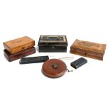 A mixed lot to include metal deed box, several lidded wooden boxes, A.W Faber slide rule, vintage