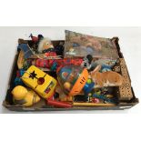 A box of assorted children's toys to include Tomy, Chad Valley, Bendy Mickey Mouse toy etc