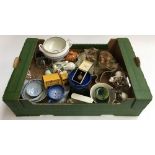 A collection of Goss china, Prinknash mug, Chinese riceware, cottage jug, silver medal etc
