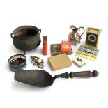 An antique cast iron cottage cauldron; old fireside coal shovel scoop; silver-plated wine coaster;