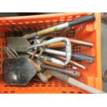 A quantity of garden tools, hosepipe reel winder; and a quantity of long handled garden tools