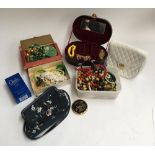 Mixed lot of costume jewellery to include beads, bangles and others together with two small bags and