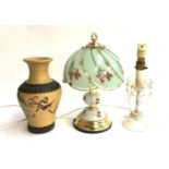 A glass drop table lamp; together with one other and a Chinese stoneware vase (3)