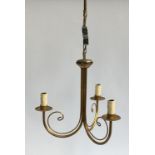 A gilt metal three arm hanging light fitting, approximately 60cm drop