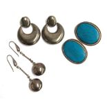 3 pairs of silver earrings, one pair set with turquoise stones