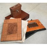 A mahogany box/briefcase; together with a vintage black leather briefcase, and an army & navy