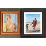 Two acrylic paintings, one nude 24x20; together with a painting of a girl in a red coat, and 30x25cm