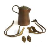 Two pairs of brass Victorian curtain tie backs and a copper jug