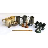 A mixed lot of items to include two pewter pint measures, with one other with handle in the form