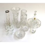 A mixed lot of cut glass, to include three vases, a set of six sherry glasses, fruit bowl etc