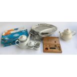 Various catering trays, three piece coffee set and teapot, cased wine thermometer set etc