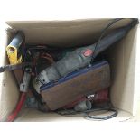 A box of various tools to include socket set, drill, disc cutter, saws etc