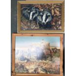 Two framed grospoint pictures; together with 'Bubbles' after Millais, 39x29cm