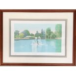 Elizabeth Bessant, 'Summer Reflections', colour lithograph of lake and fountain, signed and dated