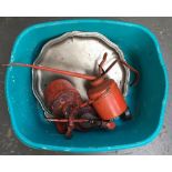 A lot of three vintage red oil cans; with tray