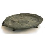 A Shaw & Fisher pewter tray, with foliate handles, marked to base, 54cmD