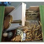 A mixed lot of brass and gilt metal to include an inkstand/letter rack, solid brass adjustable