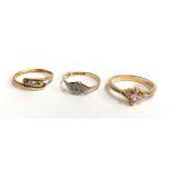 Three 18ct dress rings, one set with two tiny diamonds (3 missing) and two others , gross weight 5.