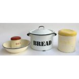 A vintage Polish enamel bread bin, approx. 30cmD; together with enamel flour bin, rice jar and