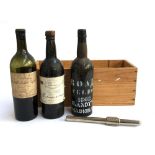 3 Antique dusty wine bottles: 1889 'Smith Haul Lafite' with Sotheby's auction label; 1820 Finest