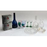 A mixed lot of glassware, to include hand blown blue glass vase, 32cmH, coloured wine glasses, cut