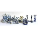 A mixed lot of blue and white ceramics to include a Delft vase, Prattware, candlesticks, cheese