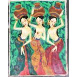 An acrylic on canvas of three women holding urns, signed indistinctly lower left, 82x62cm
