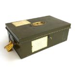 A green metal deed box, 37.5x23cm containing replica WW1 medals, a tercentenary of the bill of