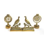 A pair of 19th century brass pheasant ornaments, 10cmH; together with one other set