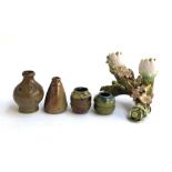 A collection of small studio pottery vases, including two salt glazed, the tallest 10cmH; together