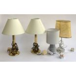 Two gilt metal reeded column table lamps with shades; together with two others