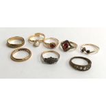 Three 9ct rings approx gross weight 5.9g together with 5 other yellow metal rings