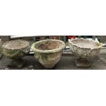 Three composite stone urns, each approx. 35cmH