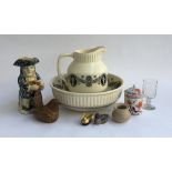 A wash bowl and jug depicting Grecian figures; together with several wooden birds, Toby Jug (af) etc