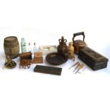 A mixed lot to include marquetry trinket box, pencil box, clay pipe, brass figure of a man in rowing