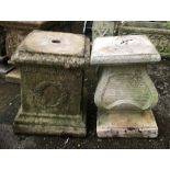 Two further composite stone plinths, one with wreath detail, each approx. 41cmH