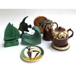 A mixed lot of ceramics to include a 1930s Langley Art Deco ceramic fish, in green glaze, 16cmH;