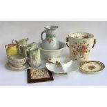 A mixed lot of ceramics to include graduating jugs, wash jug, wash bowl, jardiniere etc