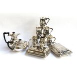 A mixed lot of plated wares to include Georgian style teapot and coffee pot and sugar bowl, set of
