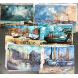 A lot of six loose canvases by David Maxwell, harbour and other maritime scenes, each approx.