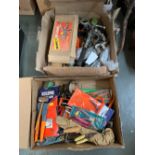 Two boxes of vintage tools to include chisels, pliers, squares, spanners, secateurs, saws etc