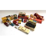 A mixed lot of vintage children's toys to include various card games, Dinky toys, dominoes, Telsalda